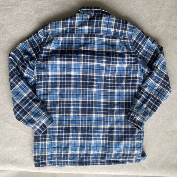 L.L. Bean Men's M Blue Plaid Flannel Button-Up Shacket Long Sleeve Fleeced Lined - Picture 2 of 5